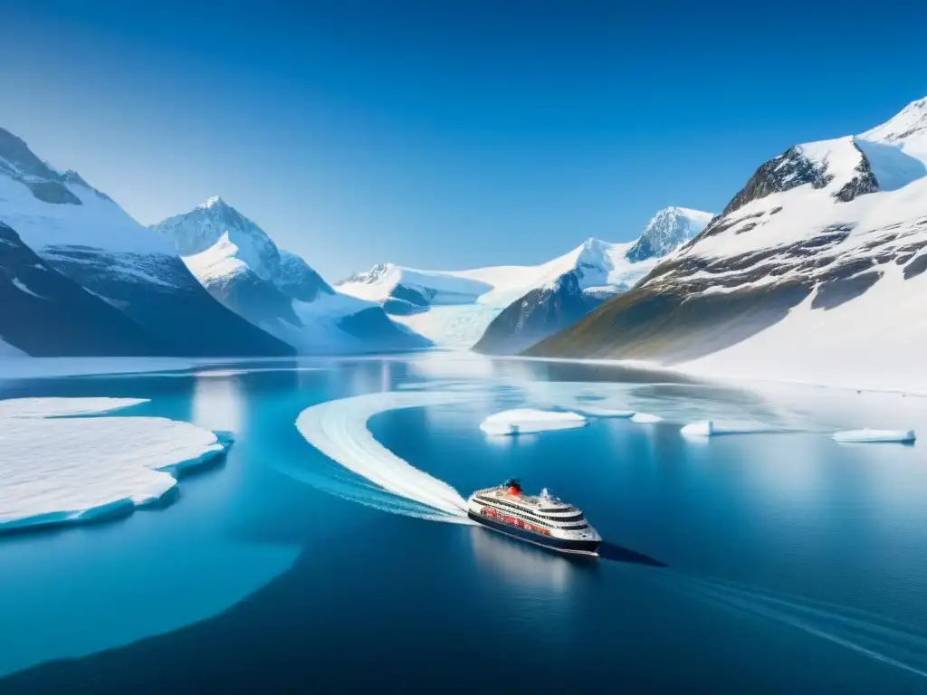 Un crucero de expedición navegando entre montañas nevadas bajo cielo azul