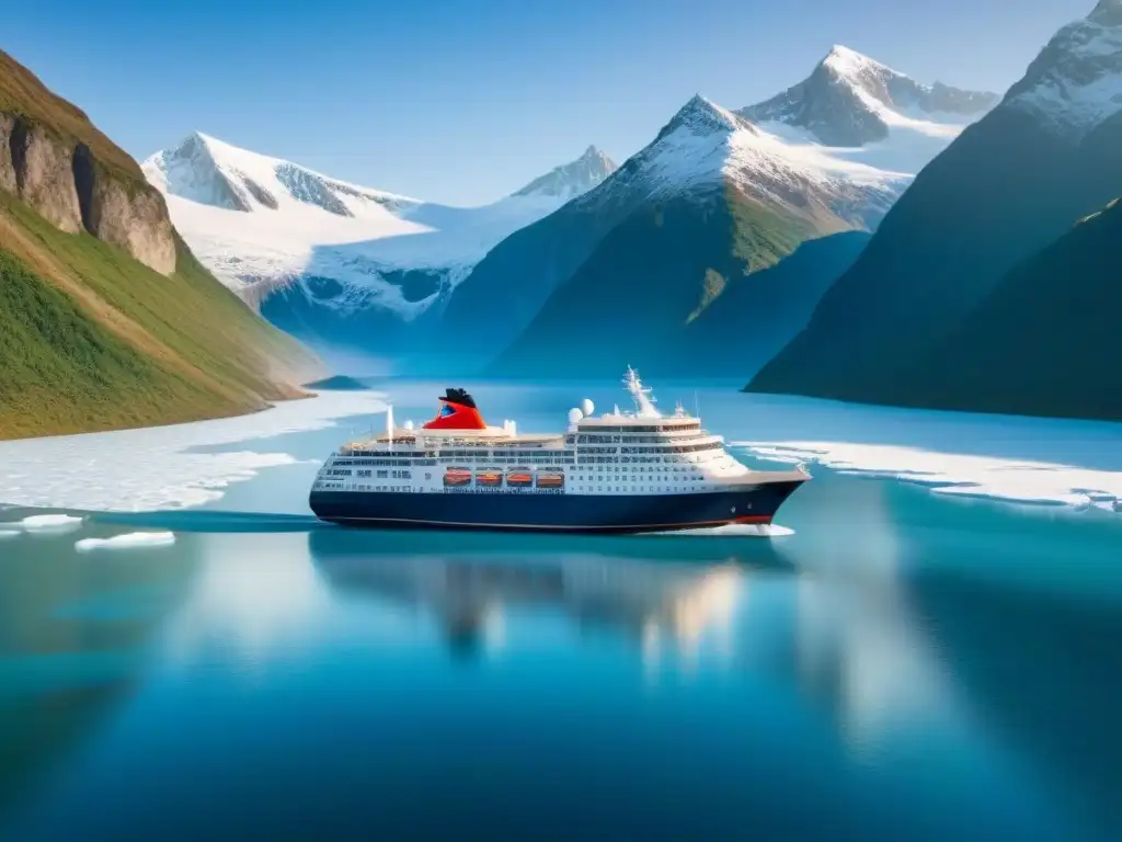 Un crucero de expedición navegando entre montañas nevadas y cielos azules, en una atmósfera de aventuras únicas