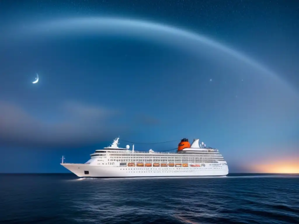 Crucero nocturno: seguridad en alta mar Un crucero surca la noche estrellada con una boya de salvamento, simbolizando seguridad en el mar