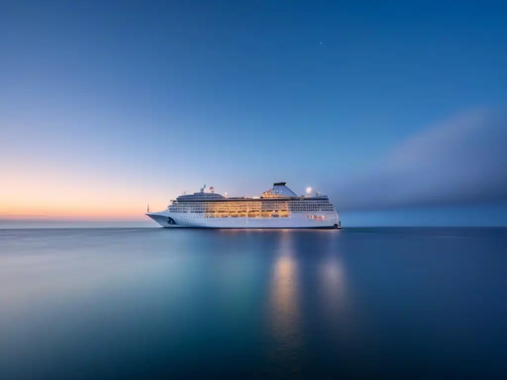 Un crucero navegando en la noche estrellada, proyectando una luz tenue en el mar tranquilo