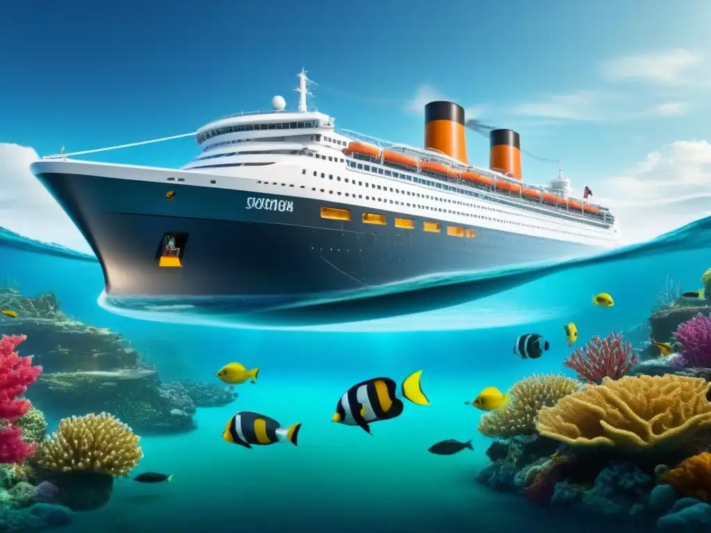 Un crucero oceánico futurista con reciclaje a bordo, integrando tecnología avanzada con la belleza marina