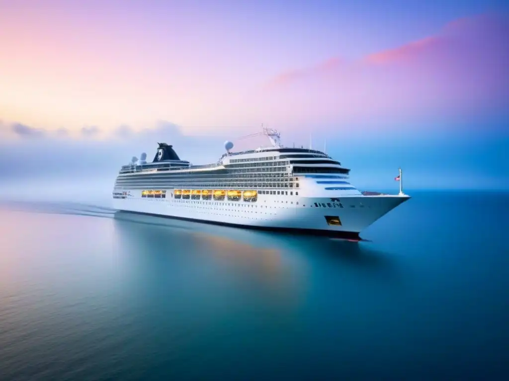 Un crucero navegando suavemente en un océano cristalino bajo un cielo pastel