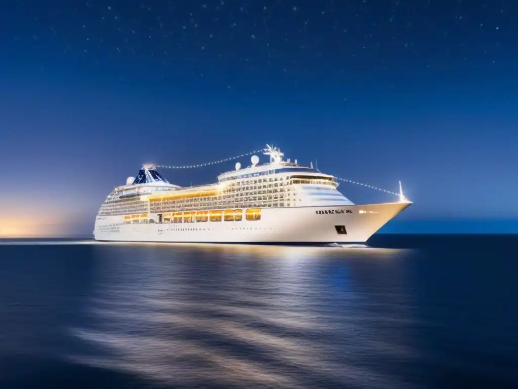 Un crucero deslizándose elegantemente en el océano nocturno, iluminado por la luz de la luna