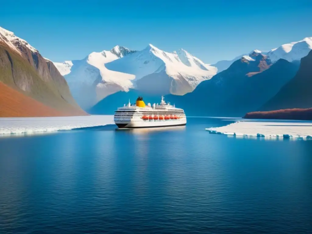 Un crucero de expedición impacta económicamente en paisajes remotos con su diseño moderno navegando entre montañas nevadas y aguas heladas