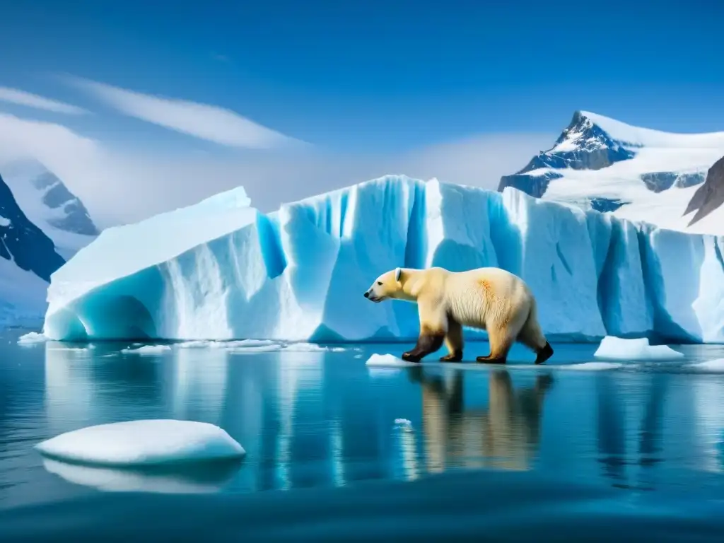 Un crucero pequeño en aguas heladas, rodeado de glaciares y un oso polar