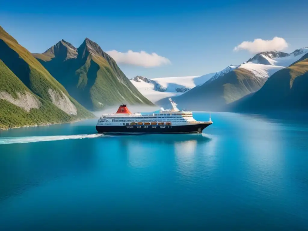 Crucero pequeño en aguas heladas, rodeado de imponentes montañas nevadas y cielo azul, transmitiendo calma y aventura