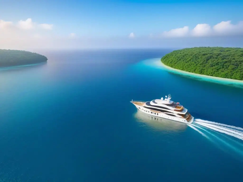 Un crucero pequeño con conciencia ambiental navega en aguas cristalinas, rodeado de naturaleza exuberante y vida marina colorida