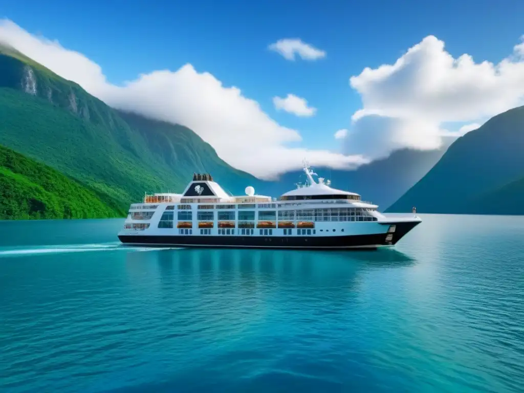 Un crucero pequeño ecoamigable navegando en aguas cristalinas, rodeado de bosques verdes y montañas nevadas, simbolizando conciencia ambiental