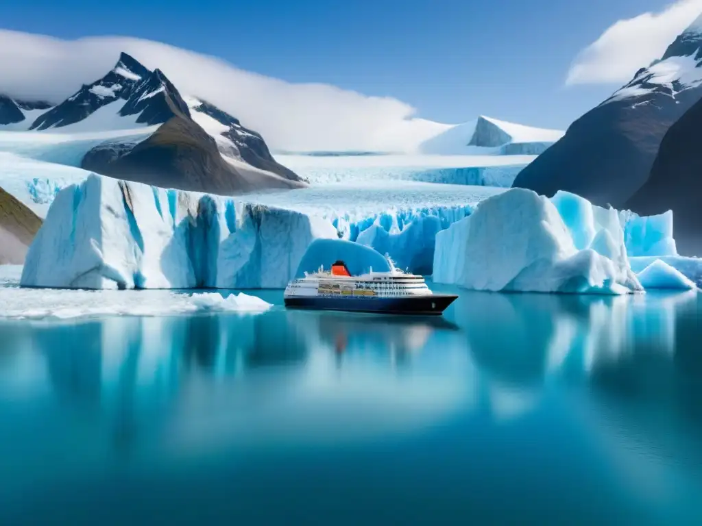 Un crucero pequeño navegando entre glaciares en lugares inaccesibles