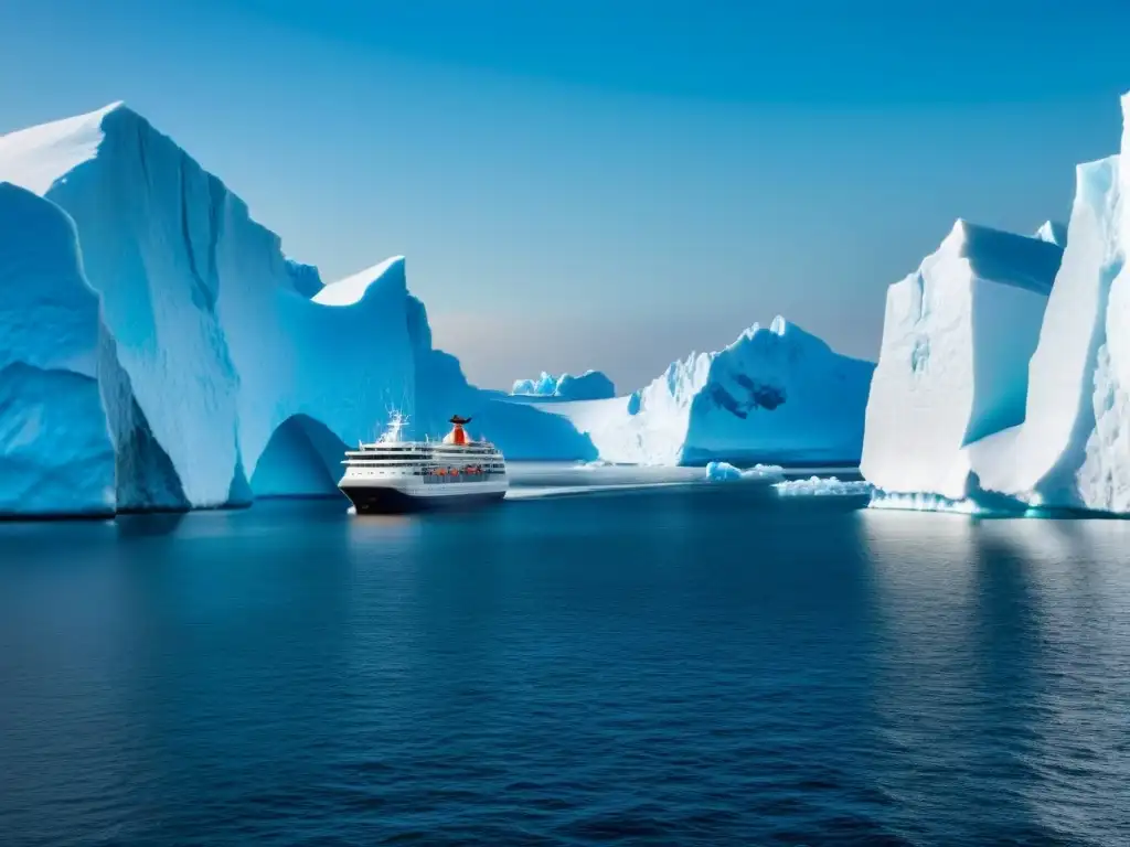 Un crucero pequeño navegando entre icebergs en lugares inaccesibles