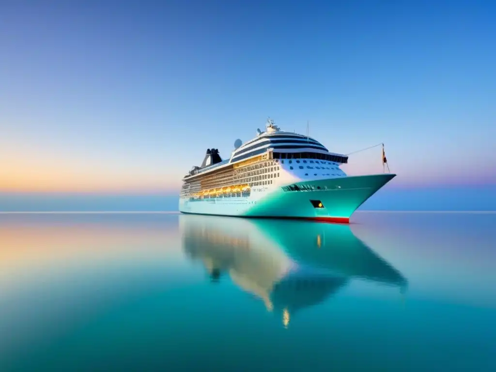 Un crucero plateado navega con elegancia en aguas turquesas bajo un cielo despejado