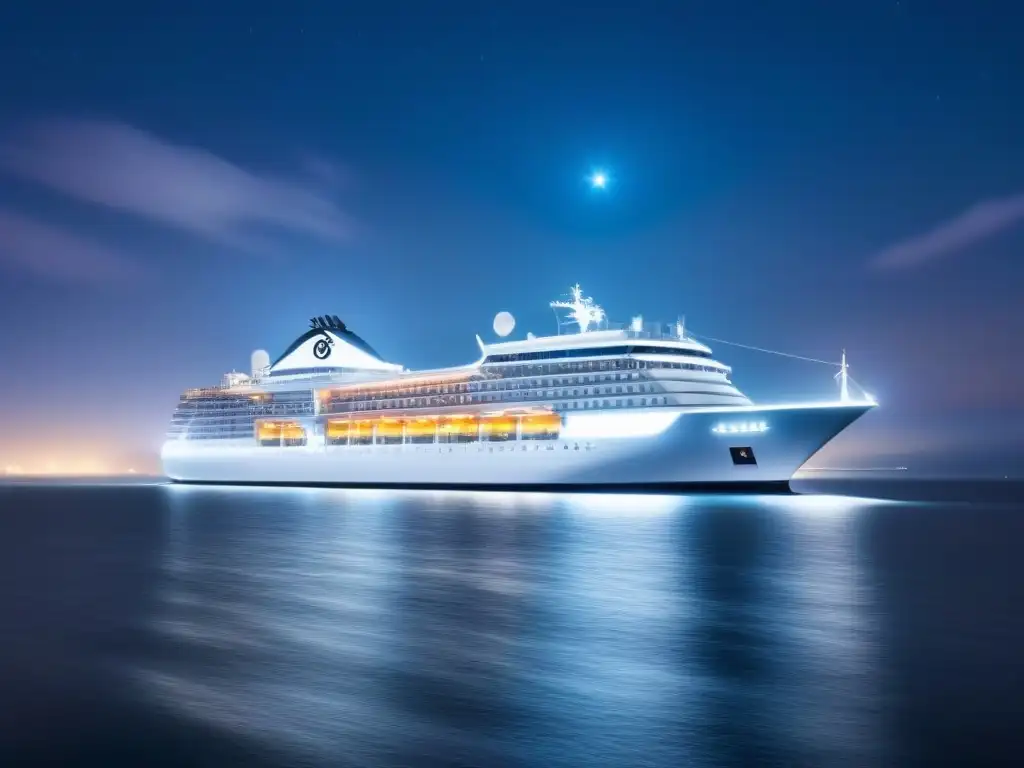 Un crucero plateado navega sereno bajo un cielo estrellado en una obra digital futurista, reflejando el impacto turismo marítimo cruceros global