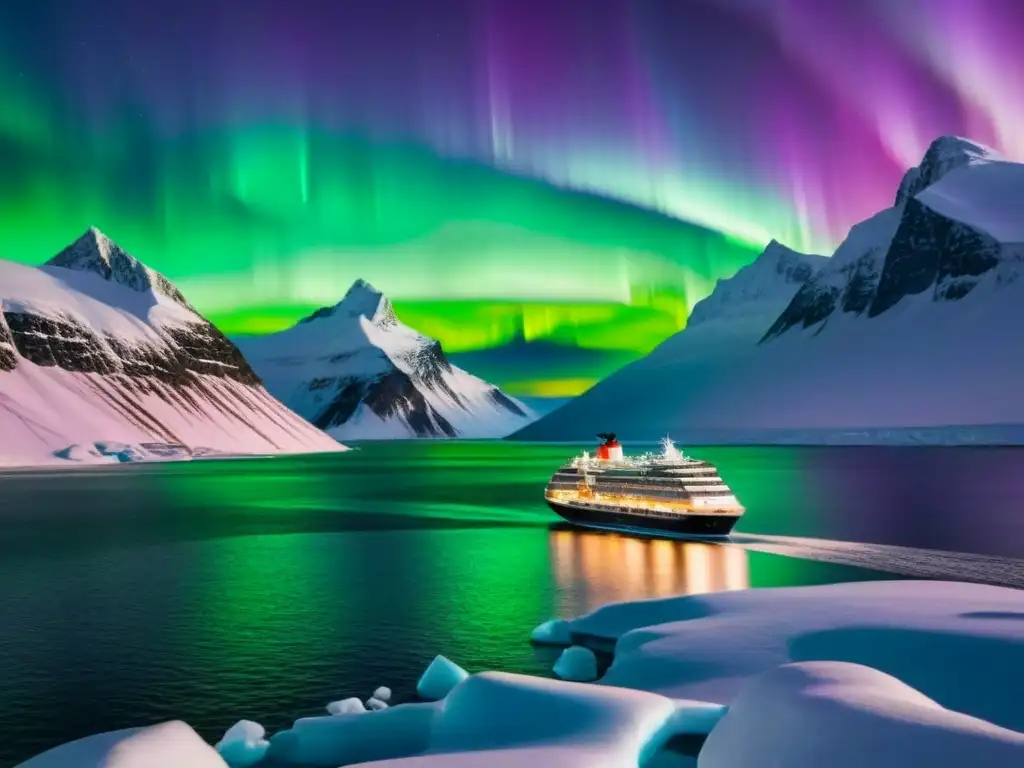 Un crucero de expedición polar navegando bajo la aurora boreal en un paisaje ártico