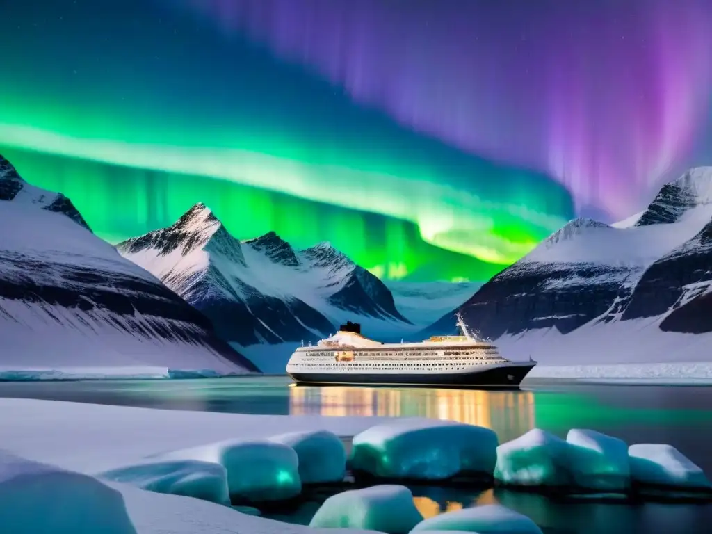 Un crucero polar elegante surcando aguas heladas bajo las Luces del Norte, reflejando una escena serena y espectacular a bordo crucero polar