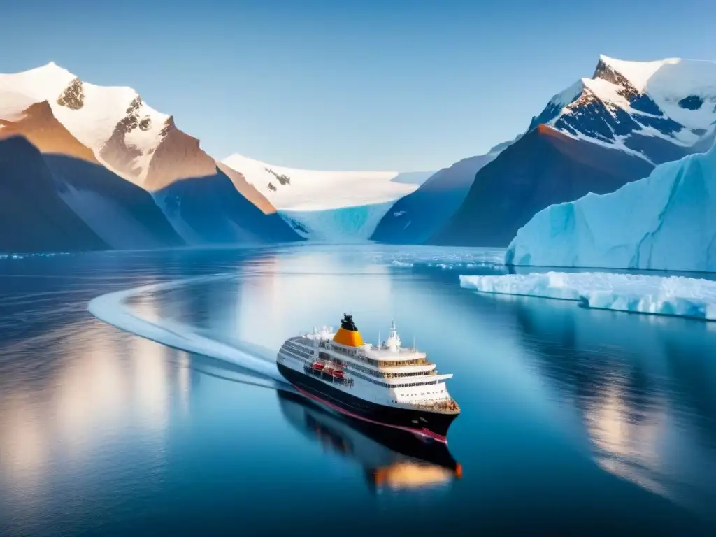 Un crucero polar elegante y minimalista navegando entre hielos bajo el suave brillo del sol de medianoche