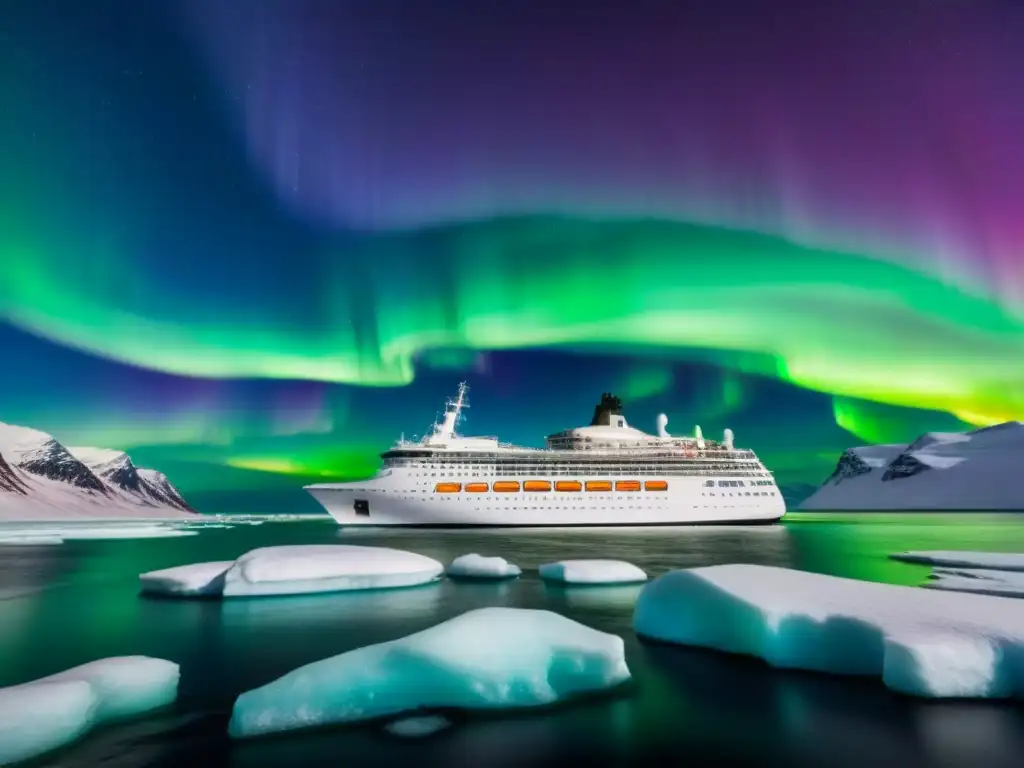 Un crucero polar extremo navega bajo las luces del Norte, mostrando la preparación para aventuras únicas en el hielo