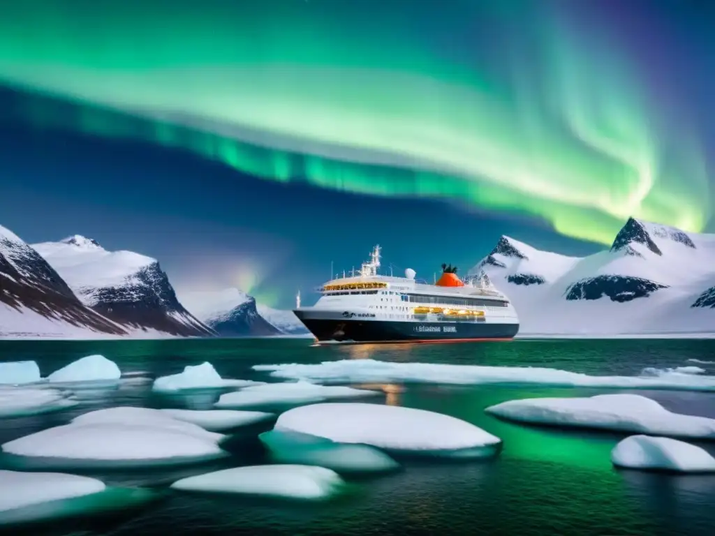 Un crucero polar de lujo surcando aguas heladas bajo la aurora boreal, con ballenas saltando y montañas nevadas al fondo