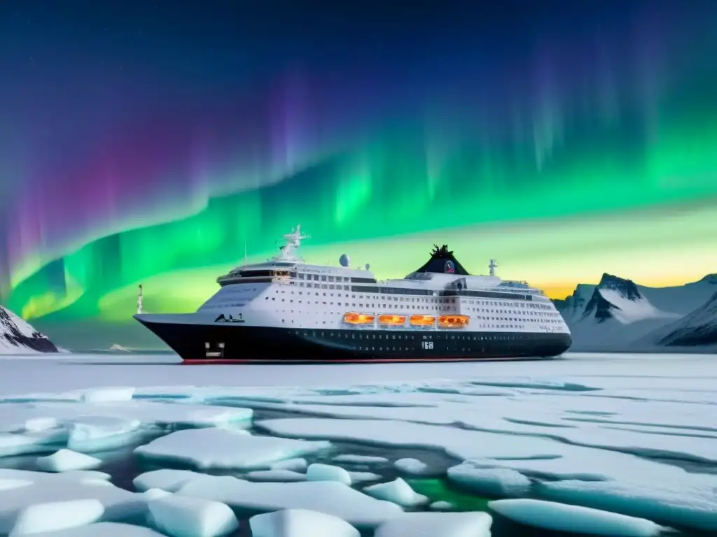 Un crucero polar de lujo navega entre icebergs bajo la aurora boreal