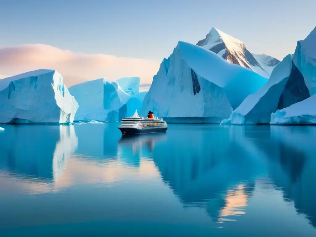 Un crucero polar moderno surcando aguas heladas entre glaciares y icebergs, bajo un cielo pastel