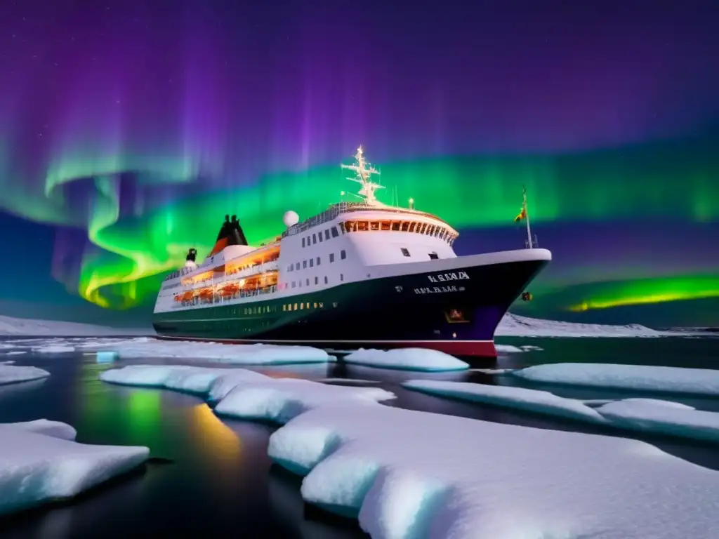 Un crucero polar moderno surcando aguas heladas bajo la mágica aurora boreal