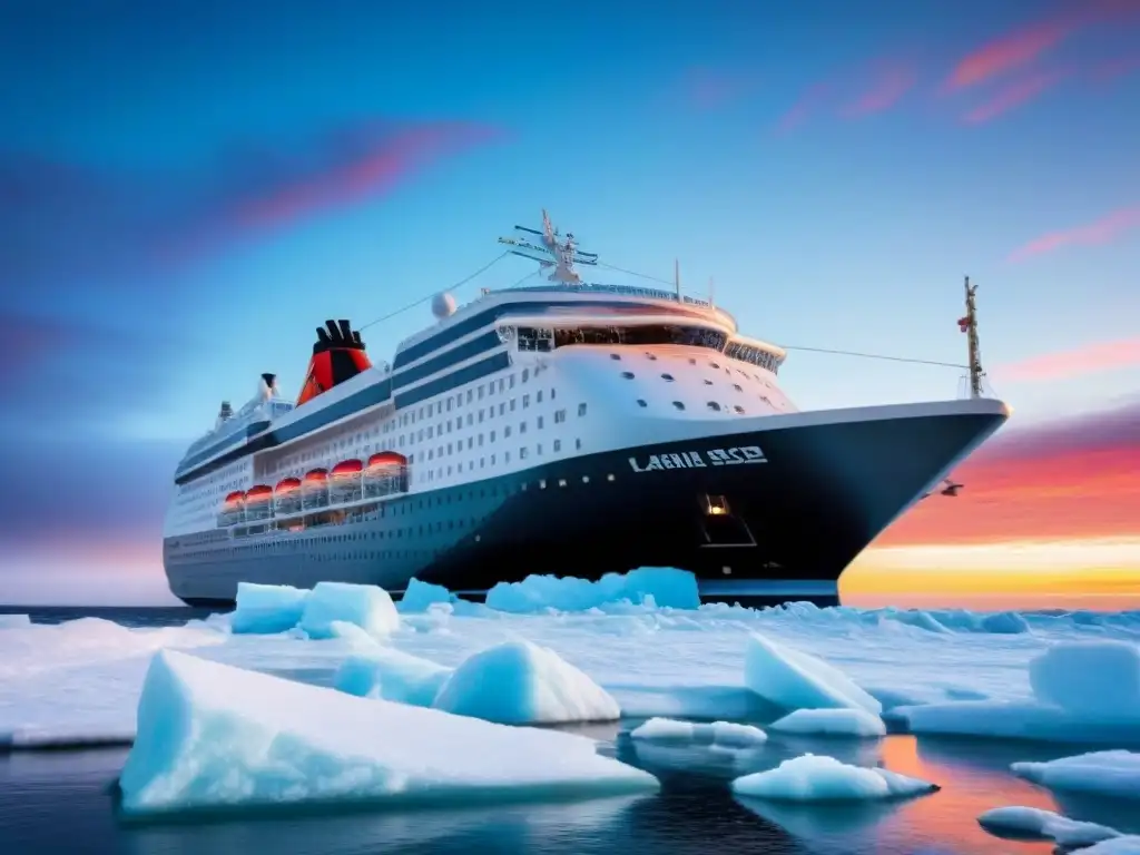 Un crucero polar moderno navega entre aguas heladas bajo un cielo polar colorido