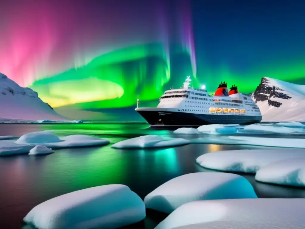 Un crucero polar moderno navega por aguas heladas bajo la aurora boreal, con montañas nevadas al fondo