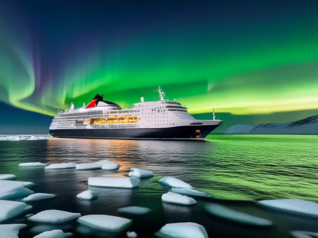 Un crucero polar moderno surca aguas heladas bajo la aurora boreal