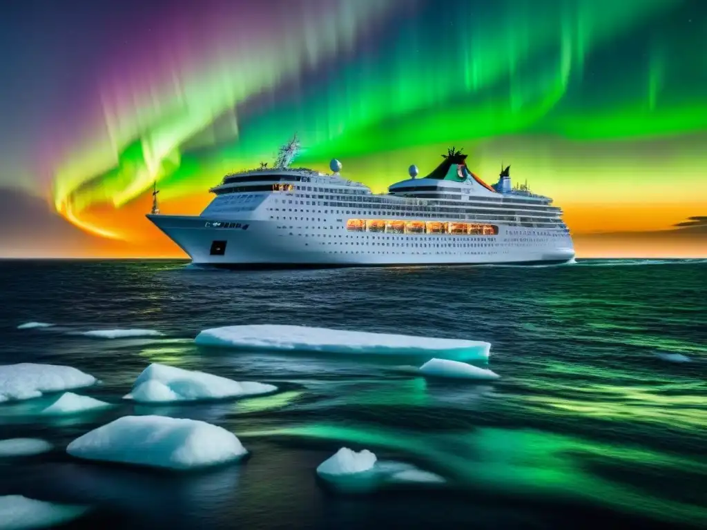 Un crucero polar moderno surca aguas heladas bajo la aurora boreal