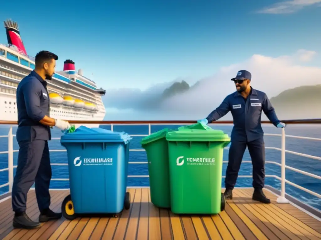 Tripulación en crucero promoviendo prácticas ecológicas en turismo marítimo