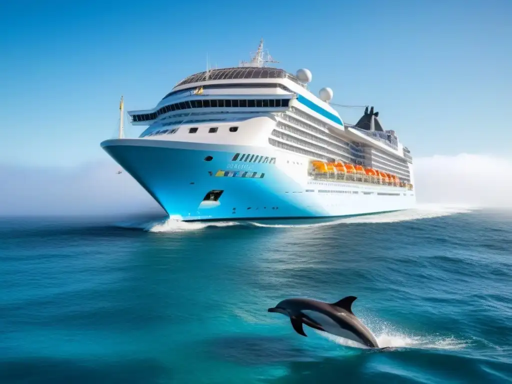 Un crucero premiado con compromiso ecológico surca aguas cristalinas mientras delfines juegan alegremente