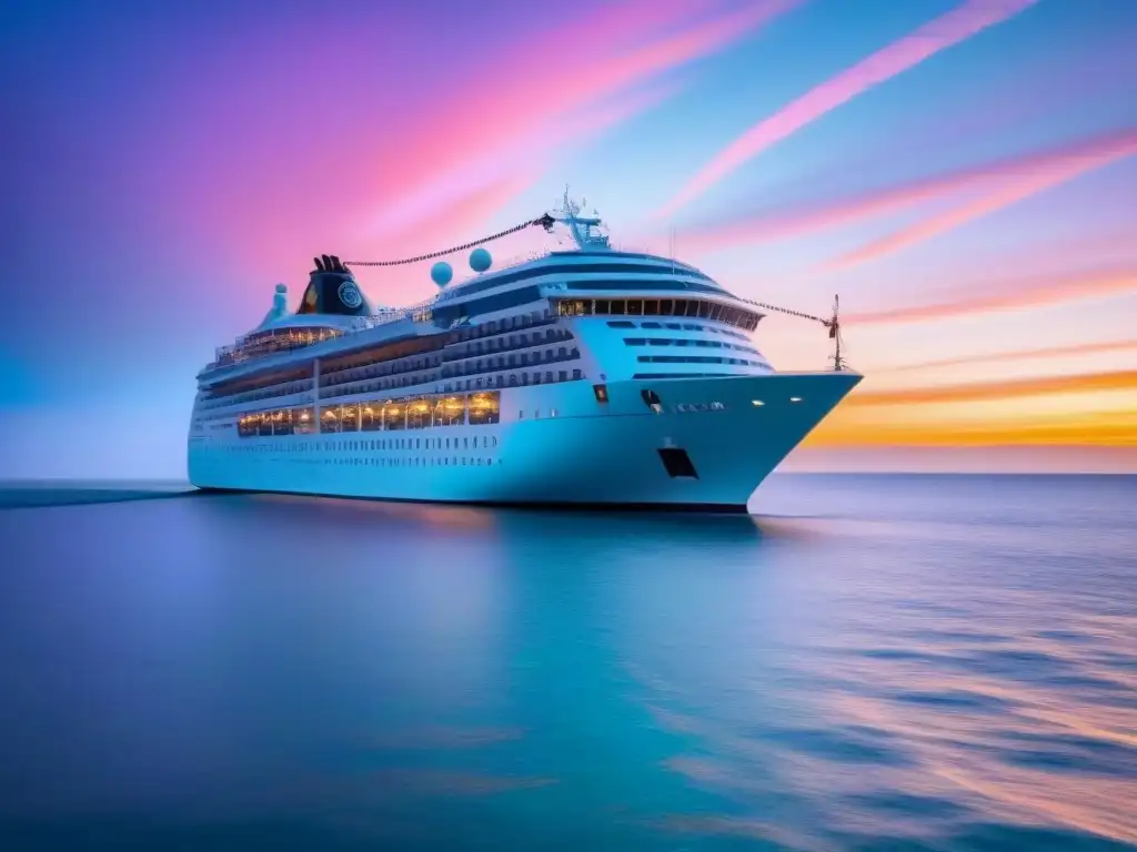 Un crucero premium navegando en aguas turquesas al atardecer