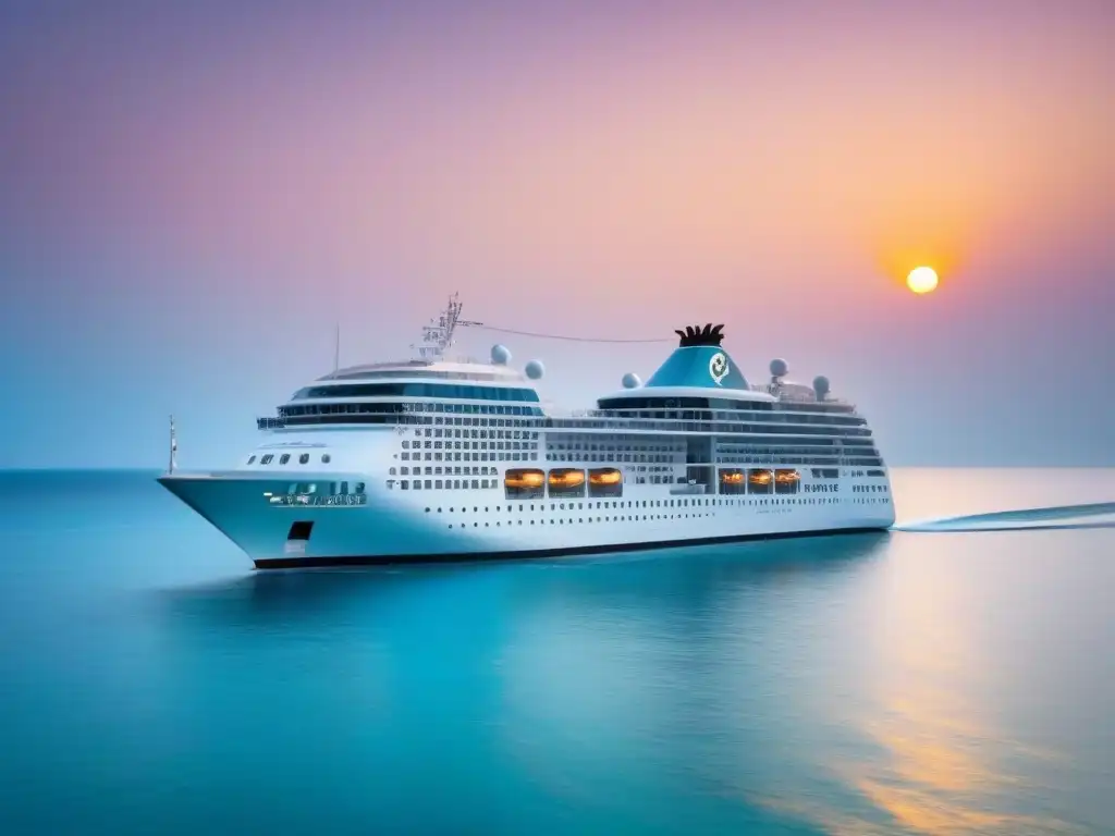 Un crucero premium navega con elegancia en aguas turquesas al atardecer