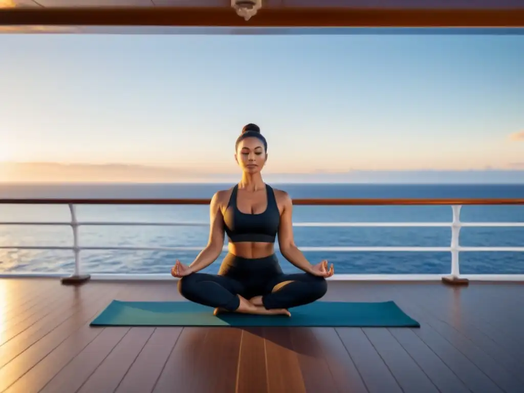 Yoga en crucero para principiantes: Persona practicando yoga al amanecer en cubierta, rodeada de agua serena y luz dorada