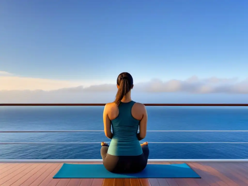 Yoga en crucero para principiantes: Practicante en árbol sobre cubierta, conectando con la paz del mar y el cielo azul