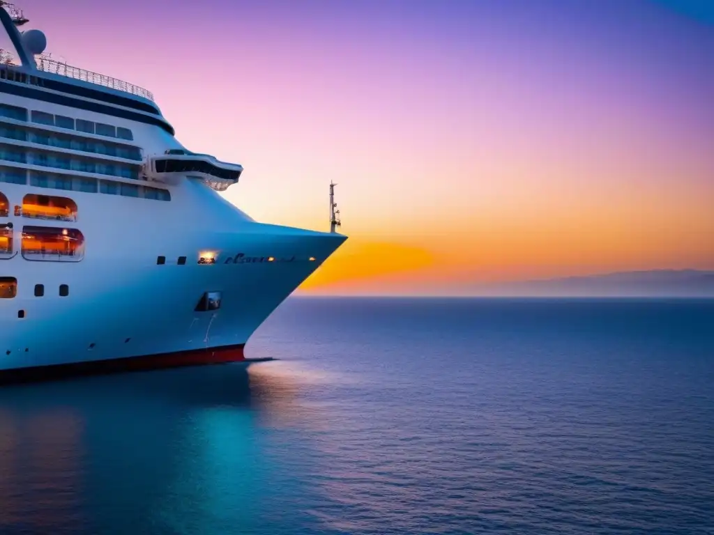 Un crucero en un puerto sereno al atardecer, reflejando la belleza del sol en aguas turquesas