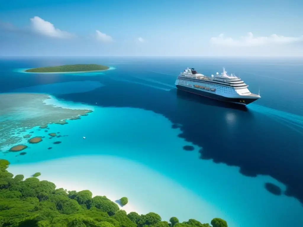 Un crucero responsable protegiendo los mares, rodeado de vida marina y arrecifes de coral coloridos