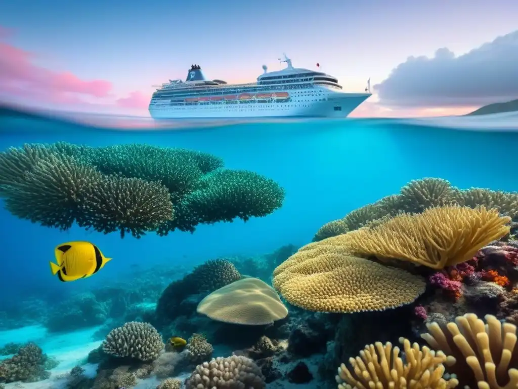 Un crucero responsable con el medio ambiente navega entre arrecifes de coral vibrantes y aguas turquesa cristalinas al atardecer