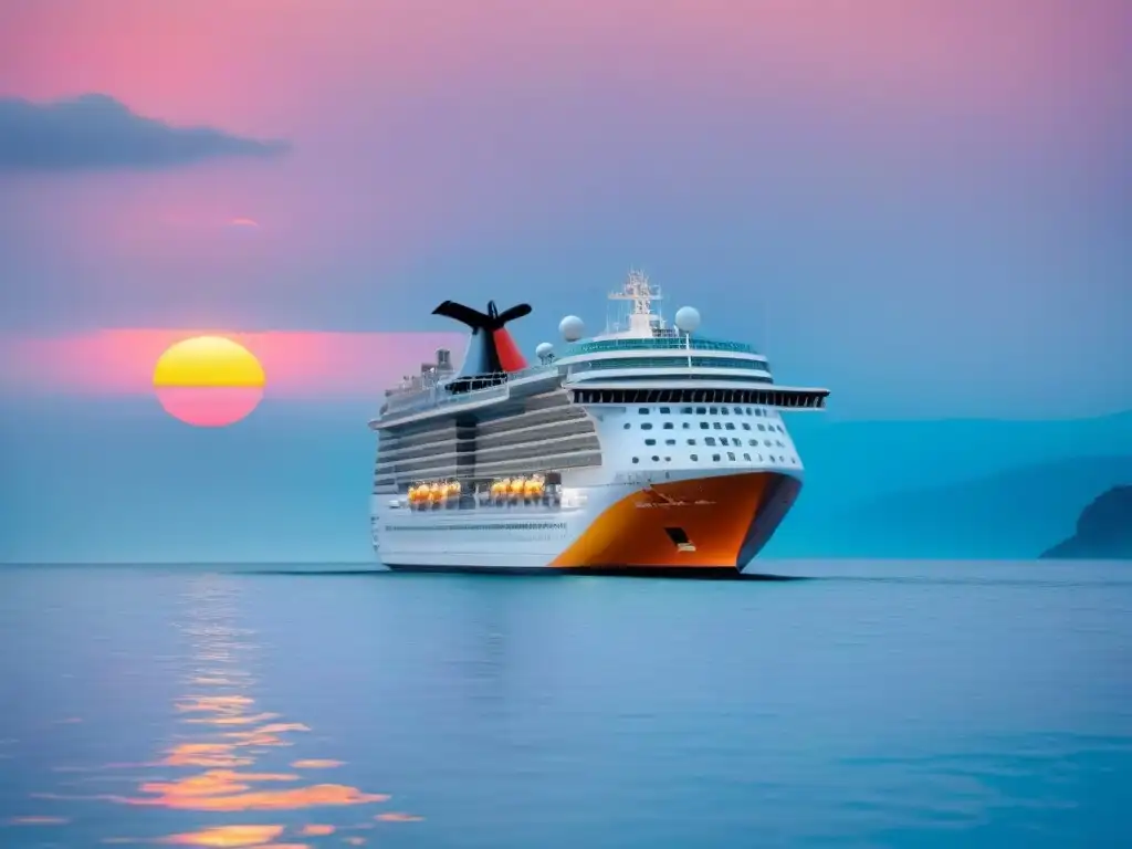 Un crucero responsable protegiendo los océanos, rodeado de delfines y un arrecife de coral vibrante al atardecer en el mar