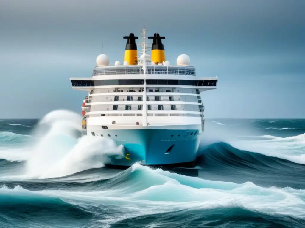 Un crucero rodeado de desperdicios en el mar, una figura en traje de protección recoge basura