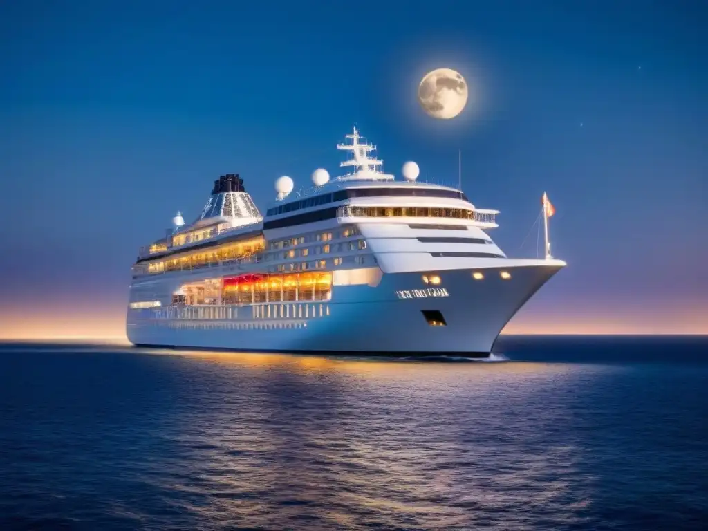 Crucero romántico San Valentín navegando bajo el cielo estrellado, iluminado por la luna en aguas tranquilas