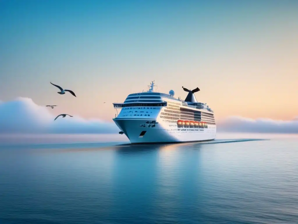 Un crucero seguro de viaje en crucero navegando sereno bajo un cielo azul, rodeado de gaviotas