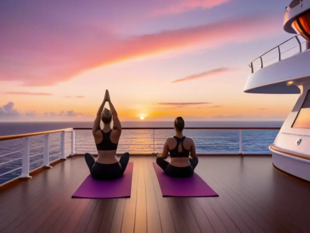 Yoga en crucero: práctica serena al amanecer, con yoguis en poses, bajo un cielo dorado y vibrante