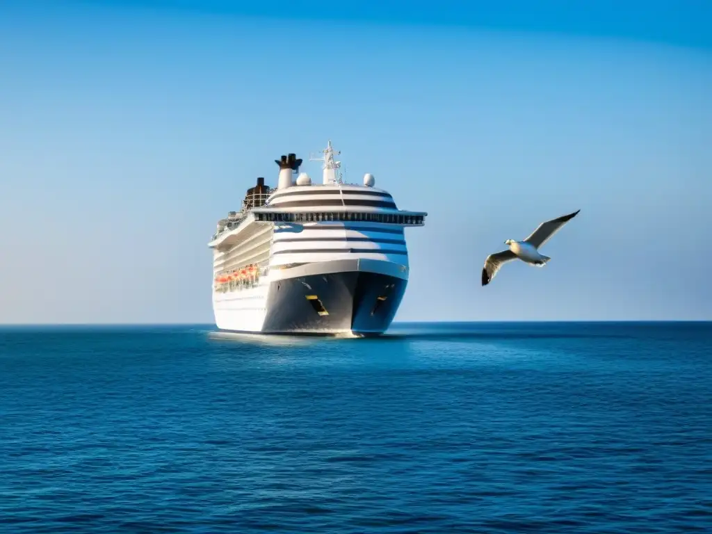 Un crucero navegando sereno en aguas azules, bajo cielo despejado y gaviotas