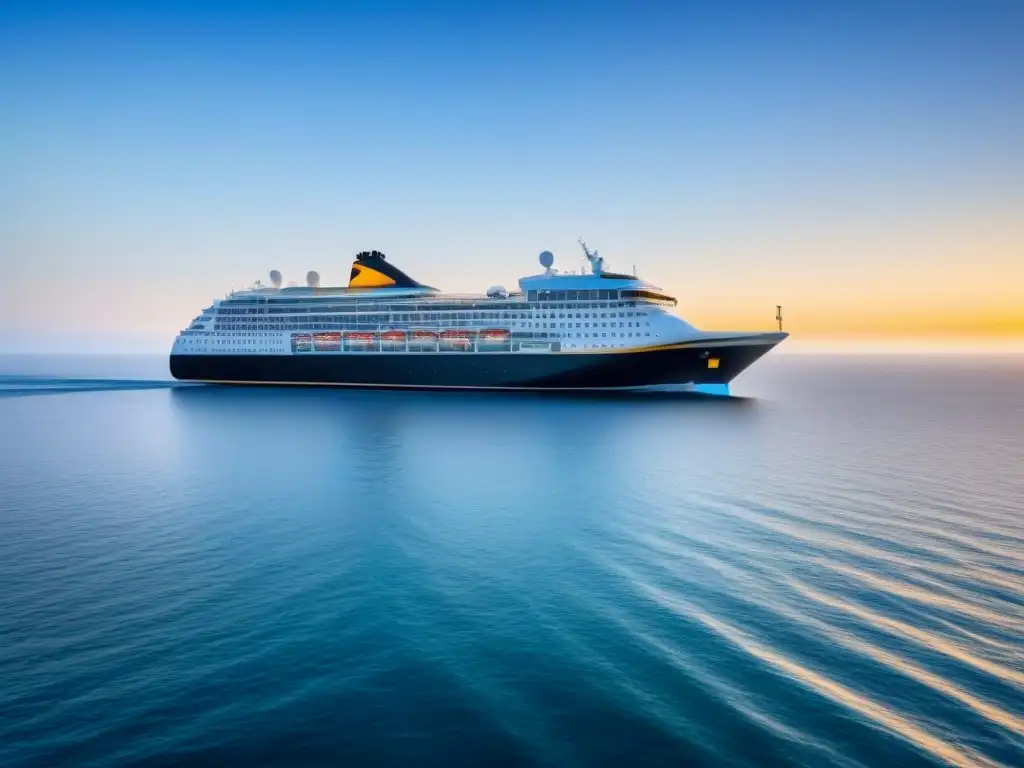 Un crucero sereno navega en aguas tranquilas bajo un cielo azul, transmitiendo seguridad y tranquilidad