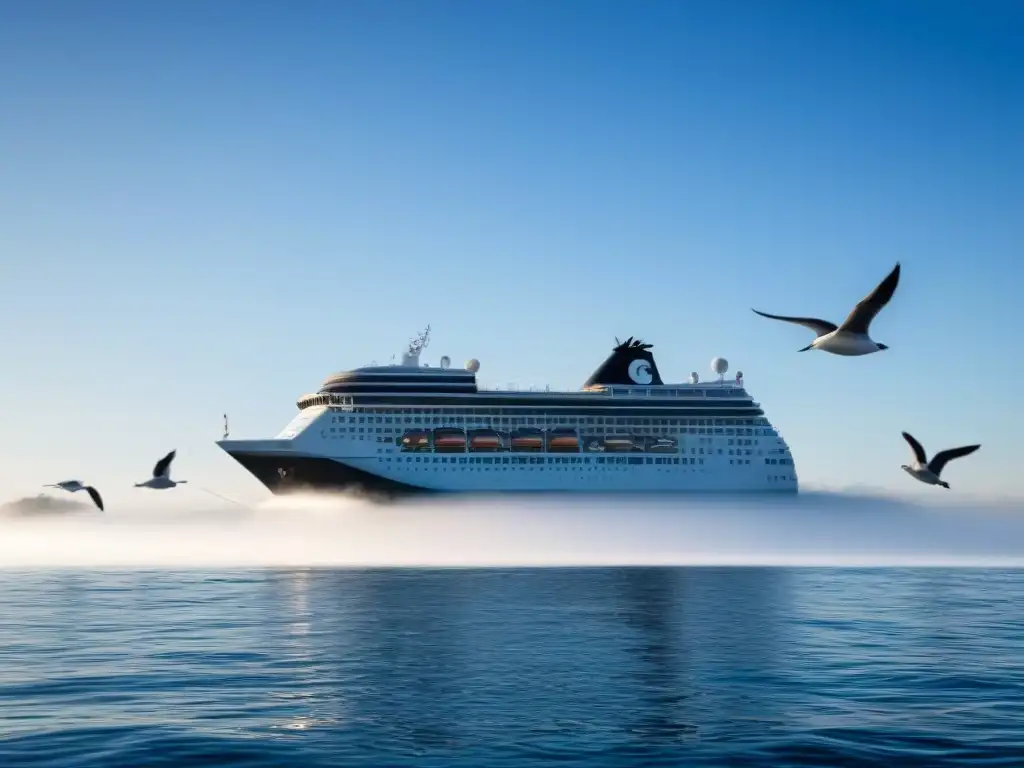 Un crucero navegando sereno en aguas tranquilas bajo un cielo azul, con gaviotas