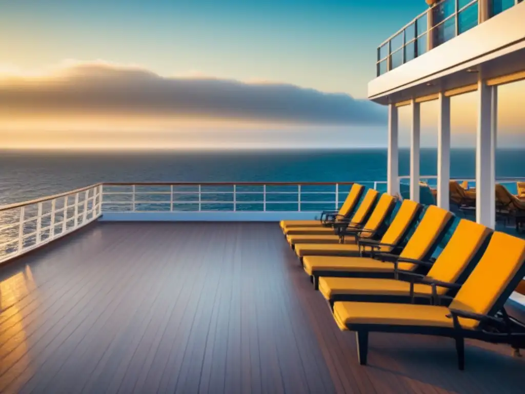 Un crucero sereno al atardecer, con luz dorada iluminando las sillas en cubierta