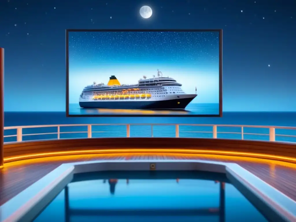 Un crucero sereno navega bajo un cielo estrellado con un cine al aire libre en cubierta