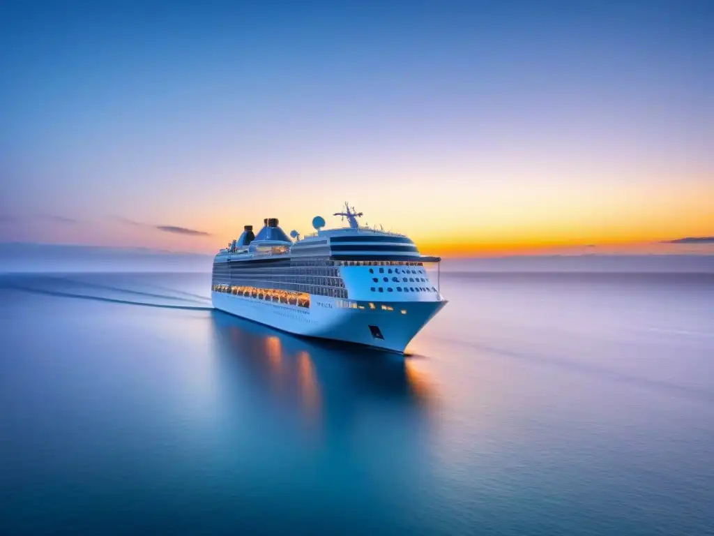 Un crucero sereno navega bajo un cielo vibrante al atardecer, creando una sensación de tranquilidad y aventura