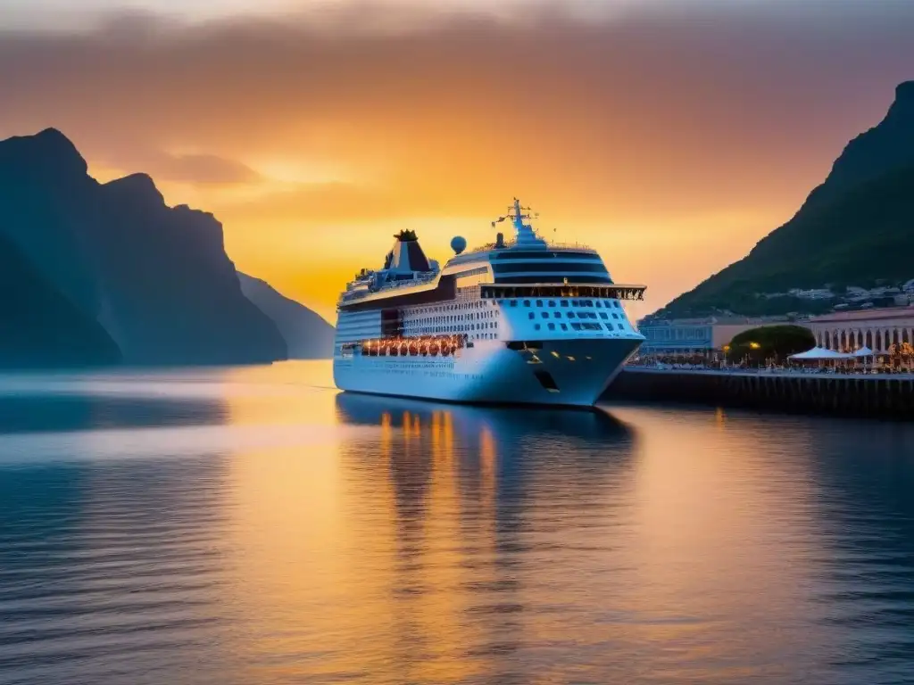 Un crucero sereno y elegante surcando aguas cristalinas al atardecer, reflejando lujo y calma