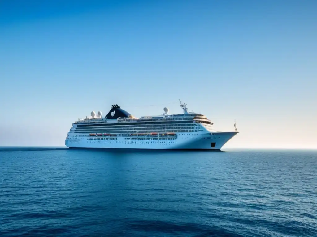 Tranquilidad en alta mar: crucero en un océano sereno Un crucero se desliza sereno en un mar tranquilo, bajo un cielo azul, simbolizando la calma y bienestar del turismo marítimo